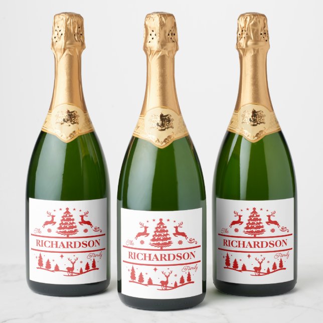 Étiquettes Pour Bouteilles De Vin Mousseux Red White Christmas Nom de famille personnalisé (Bouteilles)