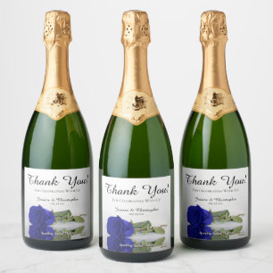Étiquettes Pour Bouteilles De Vin Mousseux Reflet du Mariage Rose royal bleu Merci