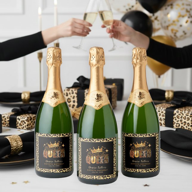 Étiquettes Pour Bouteilles De Vin Mousseux Reine d'anniversaire léopard amusant soixante ans (Créateur téléchargé)