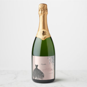 Étiquettes Pour Bouteilles De Vin Mousseux Robe noire paillettes argentées Sweet 16