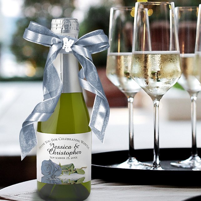 Étiquettes Pour Bouteilles De Vin Mousseux Rose bleu Dusty Merci Mariage Mini (Créateur téléchargé)