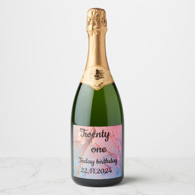 Étiquettes Pour Bouteilles De Vin Mousseux Rose et bleu noir Lettering 21e fête d'anniversair (Devant)