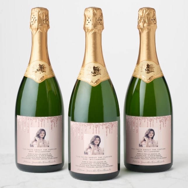 Étiquettes Pour Bouteilles De Vin Mousseux Rose gold demoiselle faits amusants mariée photo (Bouteilles)