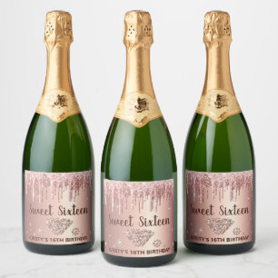 Étiquettes Pour Bouteilles De Vin Mousseux Rose Gold Pailleté et Diamant Douce 16