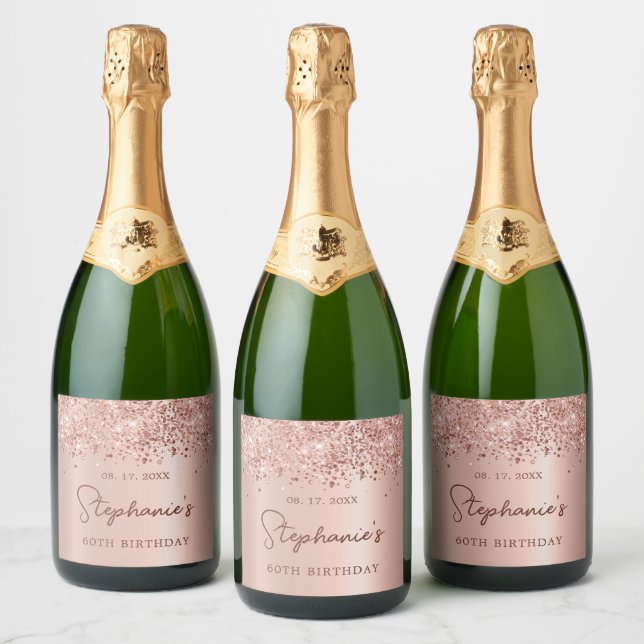 Étiquettes Pour Bouteilles De Vin Mousseux Rose Gold Parties scintillant 60e anniversaire Mon (Bouteilles)