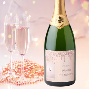 Étiquettes Pour Bouteilles De Vin Mousseux Rose or gouttes photo anniversaire