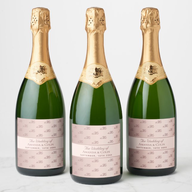 Étiquettes Pour Bouteilles De Vin Mousseux Rose or monogramme paraphes mariage (Bouteilles)