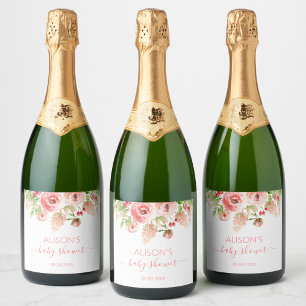 Étiquettes Pour Bouteilles De Vin Mousseux Rose Rose Floral Vert Fille Baby shower