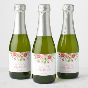 Étiquettes Pour Bouteilles De Vin Mousseux Rose Rose Floral Vert Fille Baby shower Mini