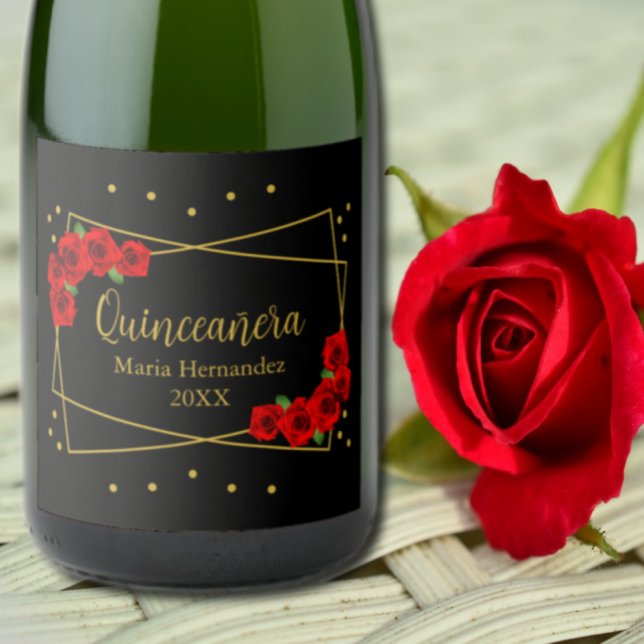 Étiquettes Pour Bouteilles De Vin Mousseux Rose rouge Noir et or Quinceañera (Créateur téléchargé)