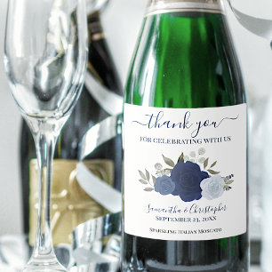 Étiquettes Pour Bouteilles De Vin Mousseux Roses Bleus de la Marine Elegant Boho Mariage Merc