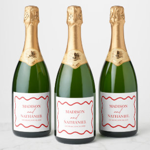Étiquettes Pour Bouteilles De Vin Mousseux Rouge Blanc Élégant Bordure Ondulée Mariage