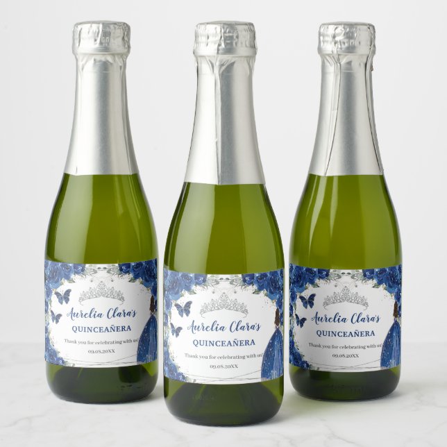 Étiquettes Pour Bouteilles De Vin Mousseux Royal Blue Argent Fleurs Quinceañera Anniversaire (Bouteilles)