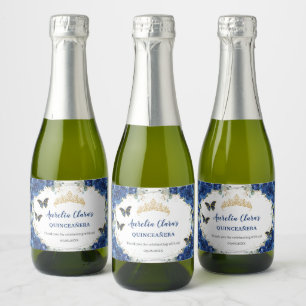 Étiquettes Pour Bouteilles De Vin Mousseux Royal Blue Floral Gold Papillons Quinceañera