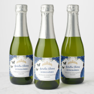 Étiquettes Pour Bouteilles De Vin Mousseux Royal Blue Floral or Quinceañera Anniversaire