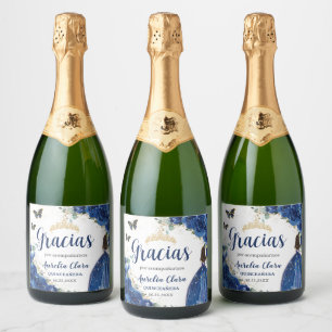 Étiquettes Pour Bouteilles De Vin Mousseux Royal Blue Floral Princess Robe or Quinceañera