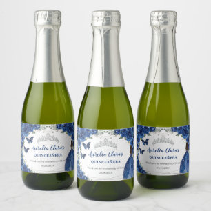 Étiquettes Pour Bouteilles De Vin Mousseux Royal Blue Floral Silver Quinceañera Anniversaire