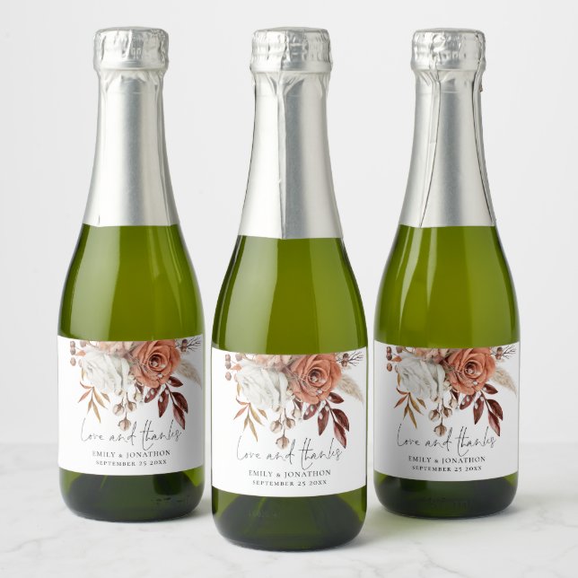 Étiquettes Pour Bouteilles De Vin Mousseux Rustic Terracotta Florals Amour Merci Nom Mariage (Bouteilles)