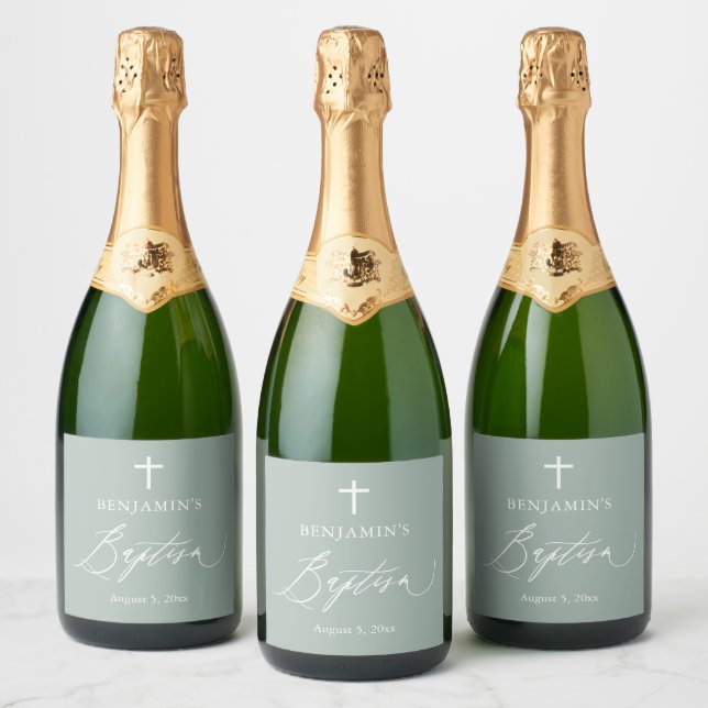 Étiquettes Pour Bouteilles De Vin Mousseux Sage Green Cross Baptême Sparkling Wine Bottle Lab (Bouteilles)