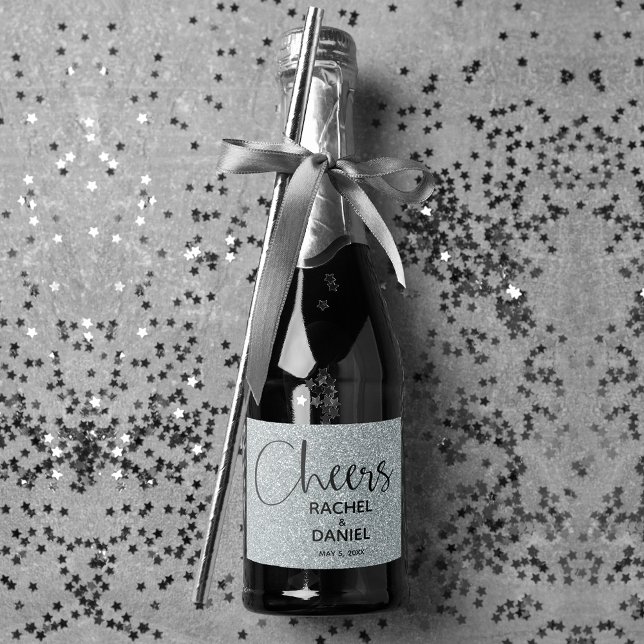 Étiquettes Pour Bouteilles De Vin Mousseux Salue SILVER Faux Parties scintillant Mariage Mini (Silver faux glitter mini champagne wedding bottle label for favors or serve to guests)