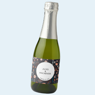 Étiquettes Pour Bouteilles De Vin Mousseux Scandinave Fleurs d'été Mariage de Boho foncé