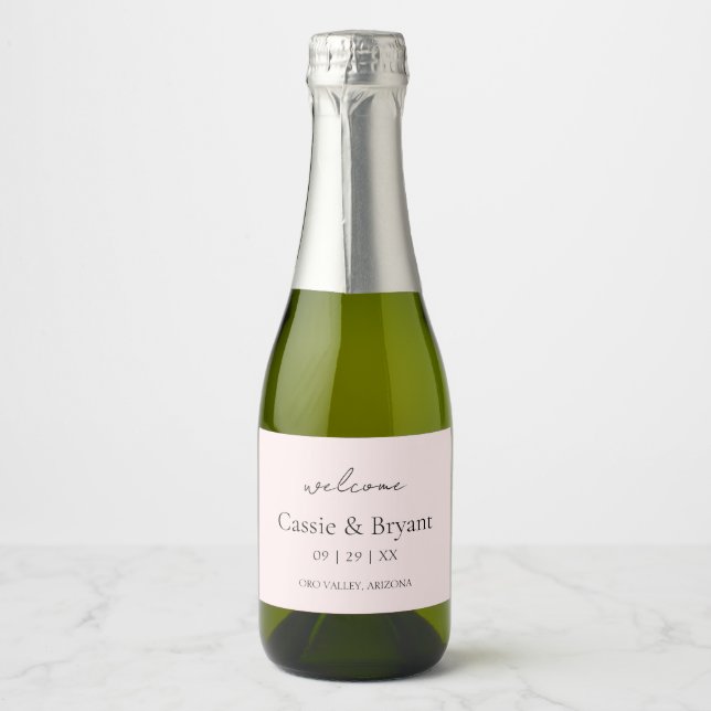 Étiquettes Pour Bouteilles De Vin Mousseux Script moderne Blush Pink Chic Mariage Bienvenue C (Devant)
