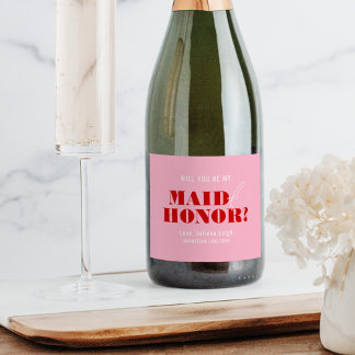 Étiquettes Pour Bouteilles De Vin Mousseux Serez-vous ma demoiselle d'honneur Rose et rouge g