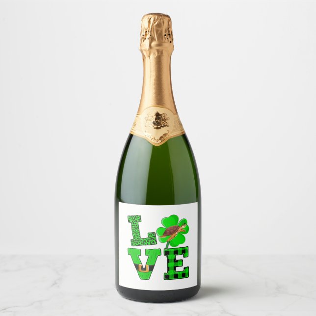 Étiquettes Pour Bouteilles De Vin Mousseux Shamrock Green Plaid Love Sea Turtle St Patrick'S (Devant)