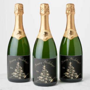 Étiquettes Pour Bouteilles De Vin Mousseux Shine d'or des étoiles sur l'arbre de Noël Dark