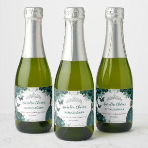 Étiquettes Pour Bouteilles De Vin Mousseux Silver Emerald Floral Quinceañera Anniversaire Fav