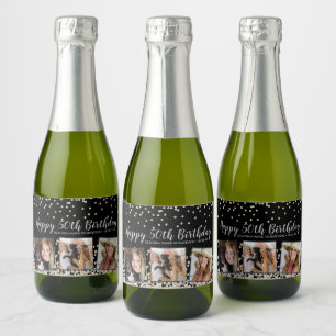 Étiquettes Pour Bouteilles De Vin Mousseux Silver Gold Confetti Photo Collage 50e anniversair