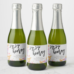 Étiquettes Pour Bouteilles De Vin Mousseux Sip Hooray Boho Butterfly Fête des mariées botaniq