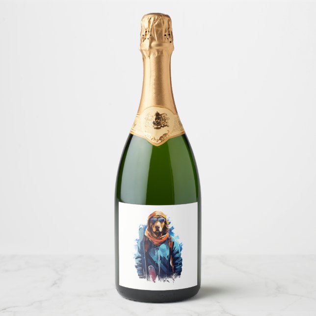 Étiquettes Pour Bouteilles De Vin Mousseux Ski Dog in Ski Googles  5 (Devant)