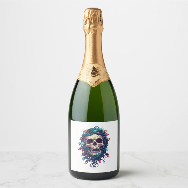 Étiquettes Pour Bouteilles De Vin Mousseux Skullmas � drôles Xmas Squelette (Devant)