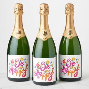 Étiquettes Pour Bouteilles De Vin Mousseux Soyez Heureux – Floral Coloré et Papillon Bohème
