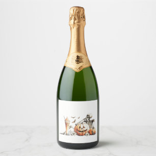 Étiquettes Pour Bouteilles De Vin Mousseux Squelette avec citrouille et boire. Halloween.