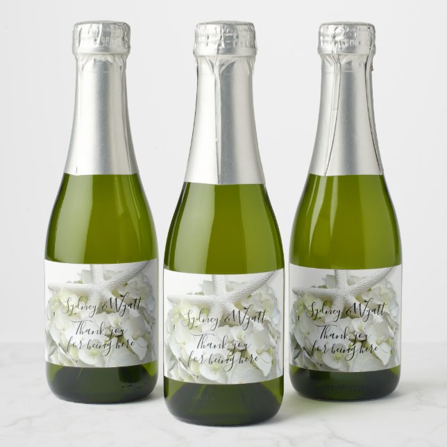 Étiquettes Pour Bouteilles De Vin Mousseux Starfish Blanc Hydrangea Fleurs Merci Mariage (Bouteilles)