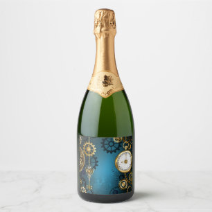 Étiquettes Pour Bouteilles De Vin Mousseux Steampunk Arrière - plan turquoise avec Gears