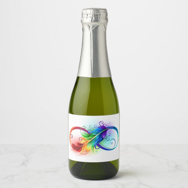 Étiquettes Pour Bouteilles De Vin Mousseux Symbole d'infini avec plume arc-en-ciel (Devant)