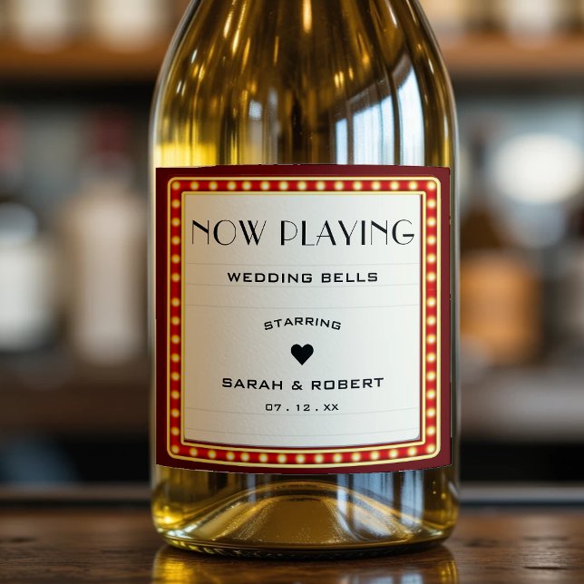 Étiquettes Pour Bouteilles De Vin Mousseux Symbole du cinéma rétro Mariage rouge (Retro Cinema Theater Marquee Sign Red Wedding Sparkling Wine Label
)