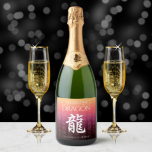 Étiquettes Pour Bouteilles De Vin Mousseux Symbole lunaire du Dragon 龍 or rouge chinois Zodia
