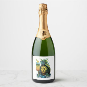 Étiquettes Pour Bouteilles De Vin Mousseux Tortue de mer hawaïenne Ananas Aloha