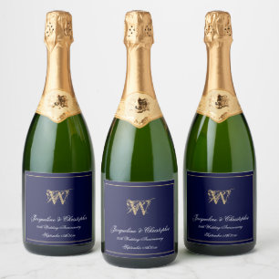Étiquettes Pour Bouteilles De Vin Mousseux Tout anniversaire Mariage Monogramme Chic Navy Ble