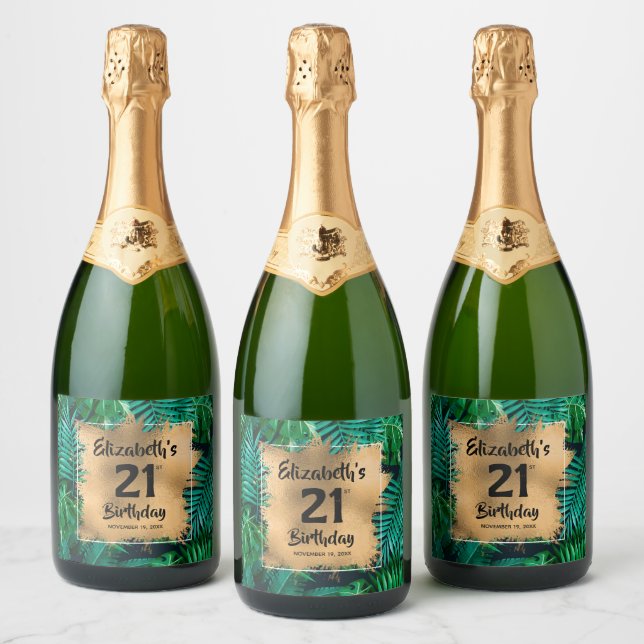 Étiquettes Pour Bouteilles De Vin Mousseux Tropical Plante Gold 21e anniversaire Personnalisé (Bouteilles)