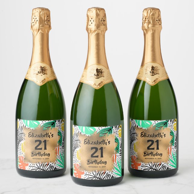 Étiquettes Pour Bouteilles De Vin Mousseux Tropical Plante Gold 21e anniversaire Personnalisé (Bouteilles)