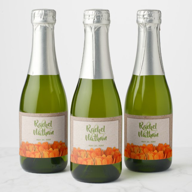 Étiquettes Pour Bouteilles De Vin Mousseux Tulipes orange aquarelle sur Kraft Mariage Mini (Bouteilles)
