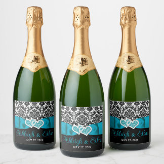 Étiquettes Pour Bouteilles De Vin Mousseux Turquoise, Noir, Blanc Damas Love Hearts Mariage