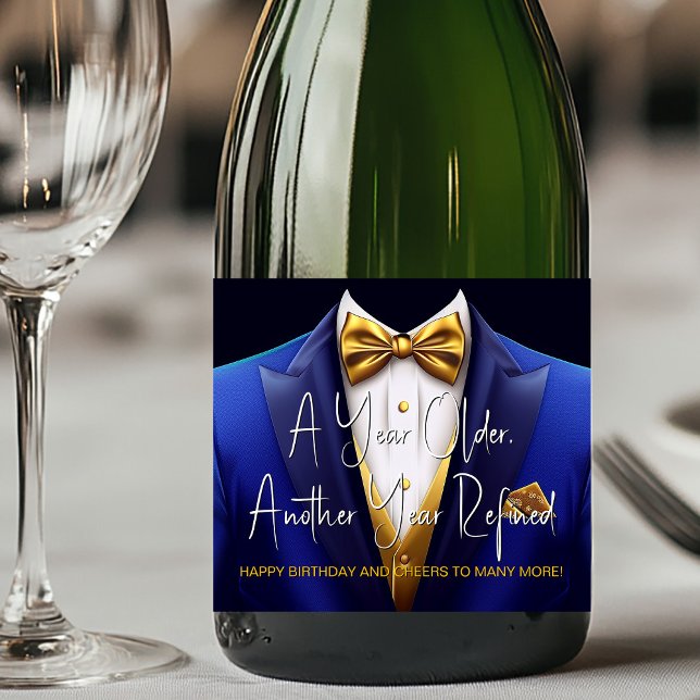 Étiquettes Pour Bouteilles De Vin Mousseux Tuxedo Champagne bleu roi métallisé pour homme Ann (Royal blue and gold champagne labels for any event. Add your logo, text, photo, etc., to personalize)