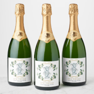 Étiquettes Pour Bouteilles De Vin Mousseux Twin Elephant Baby shower Vert Vert Or Foliage