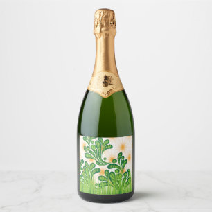 Étiquettes Pour Bouteilles De Vin Mousseux Un motif artistique vert et or représentant un arb